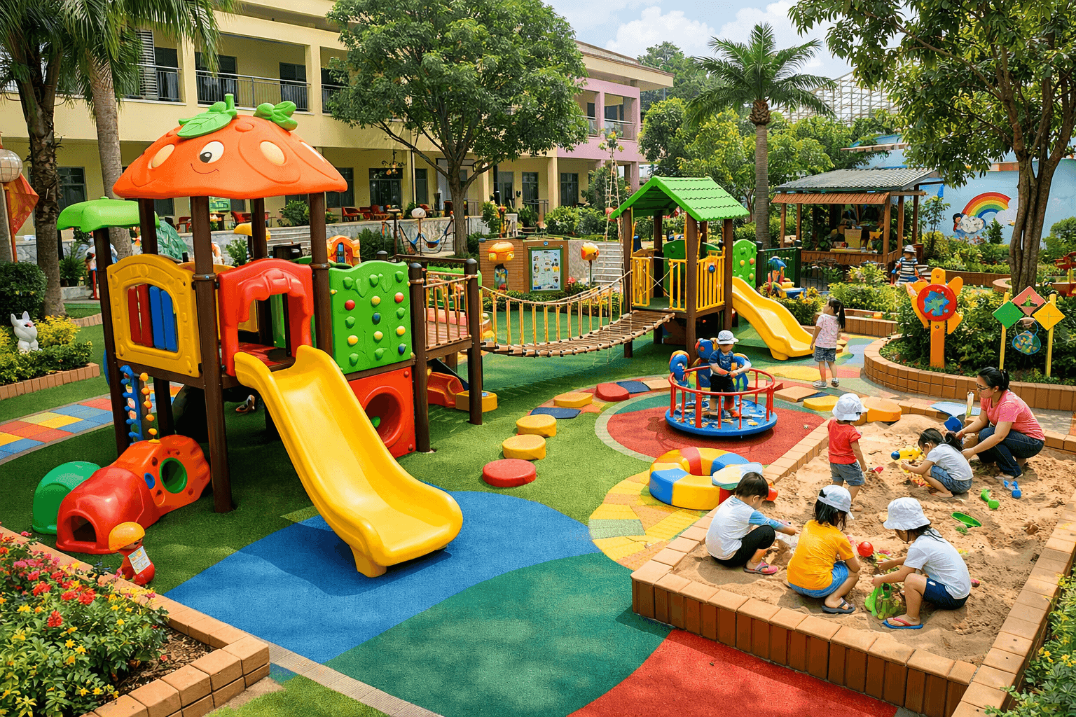 Thi công sân chơi trẻ em tại trường mầm non